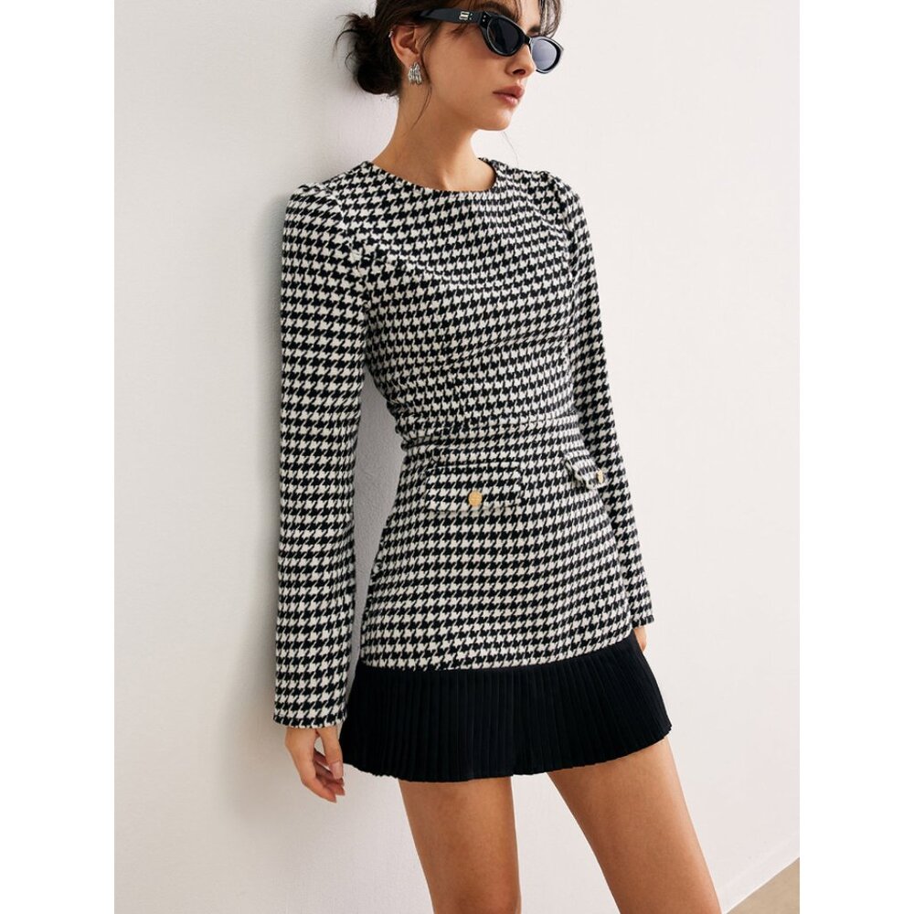 Commense Black and White Houndstooth Mini Dress